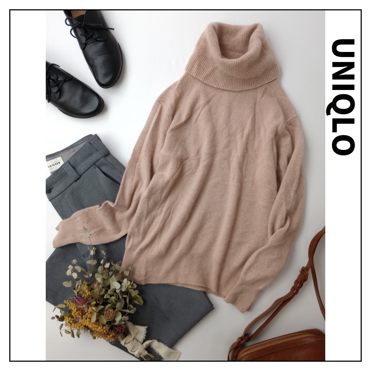 UNIQLO ユニクロ「今日はおほほなわたし。優しげ色で気分も安らぐ」カシミヤ混 100% タートルネック ニット 長袖 M ピンク(41M+5826)◆拍卖