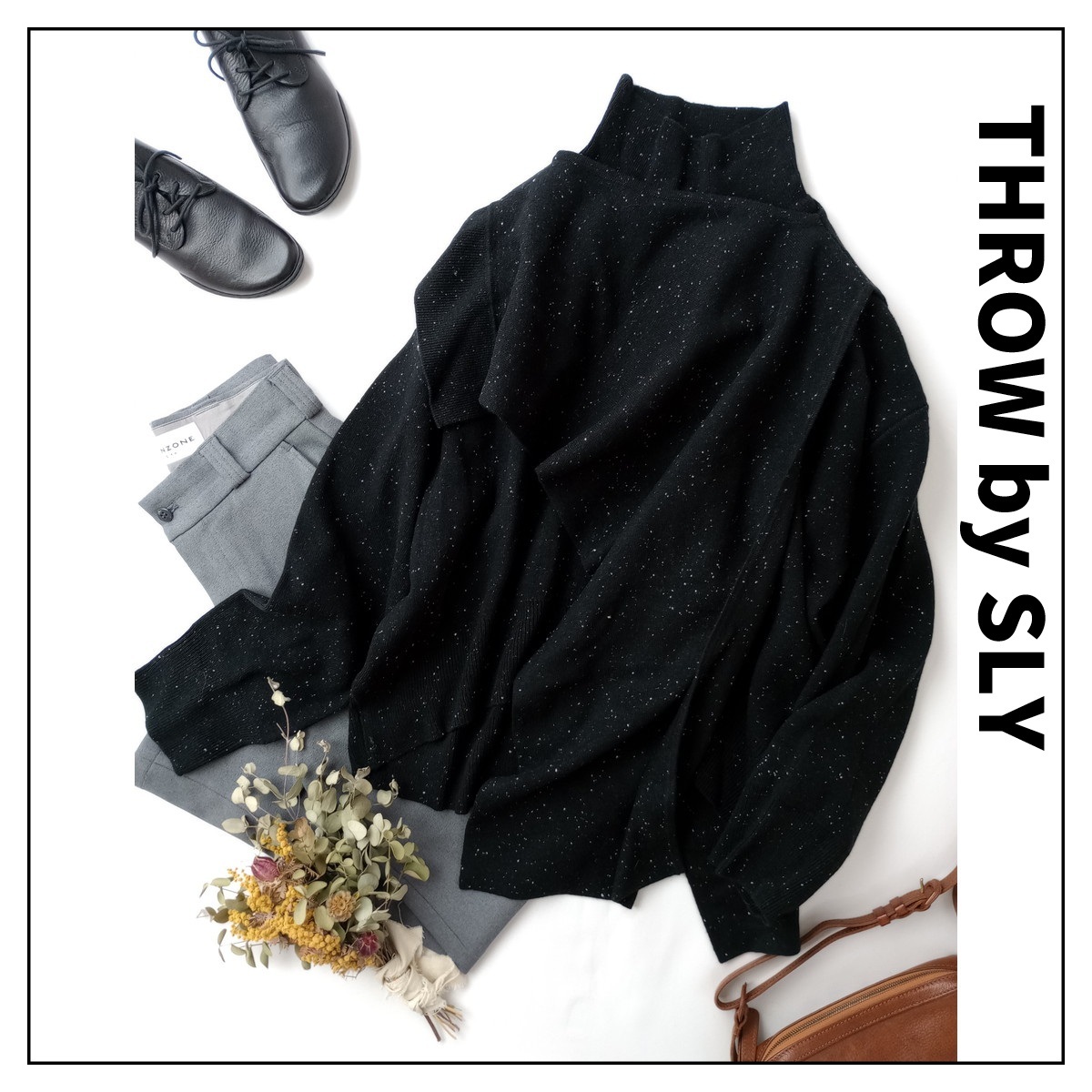 THROW by SLY「ワンランク上の自分に贈り物」2Pセット ケープ付 カラーネップ混 ハイネック ニット レイヤード 長袖 Free 黒(40M+4114)◆拍卖