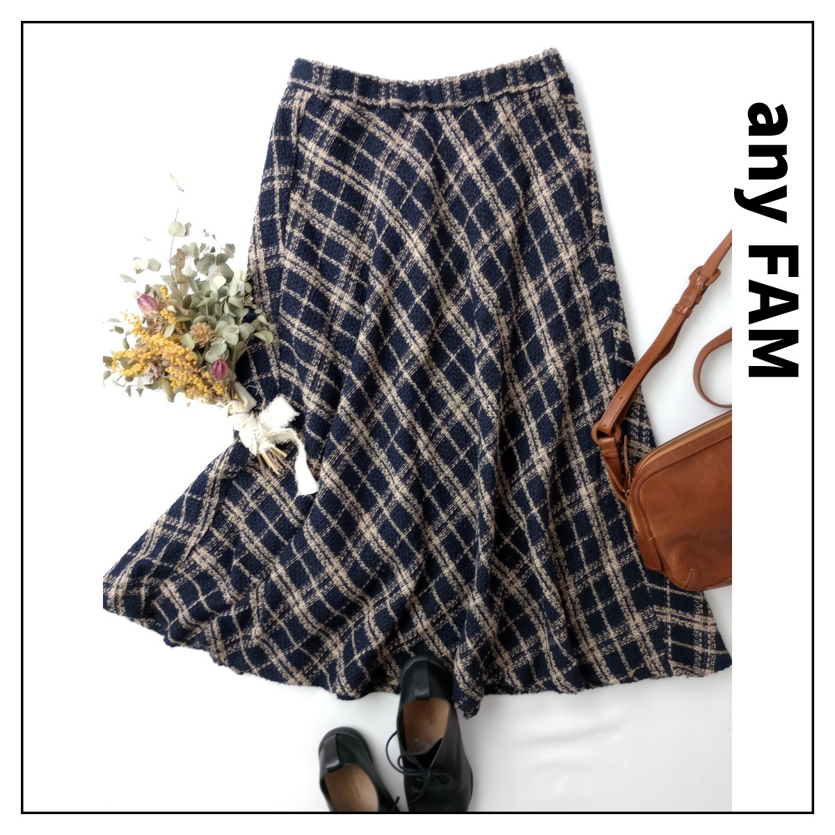 any FAM エニィファム オンワード樫山「即美人見えでキレイめの味方。」ツイード バイヤス スカート ダイヤチェック 3 ネイビー(4M+5486)拍卖