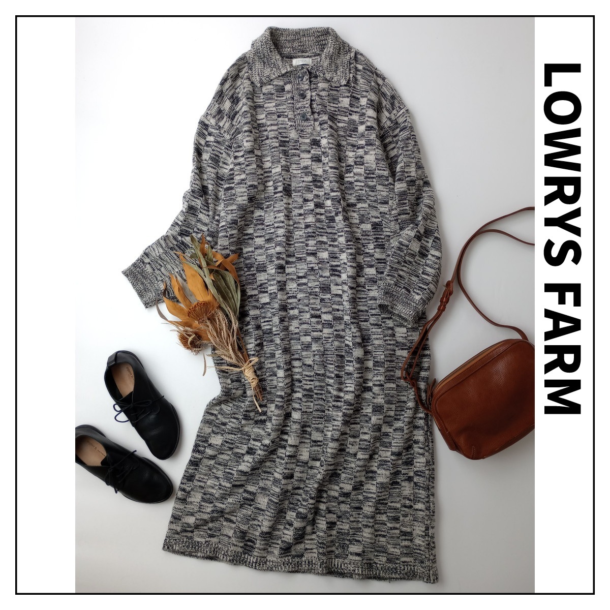 LOWRYS FARM「適度なゆるさとおしゃれ感。」格子柄 ポロデザイン ニット ワンピース ロング 長袖 Free ブラック系(38M+2716)拍卖