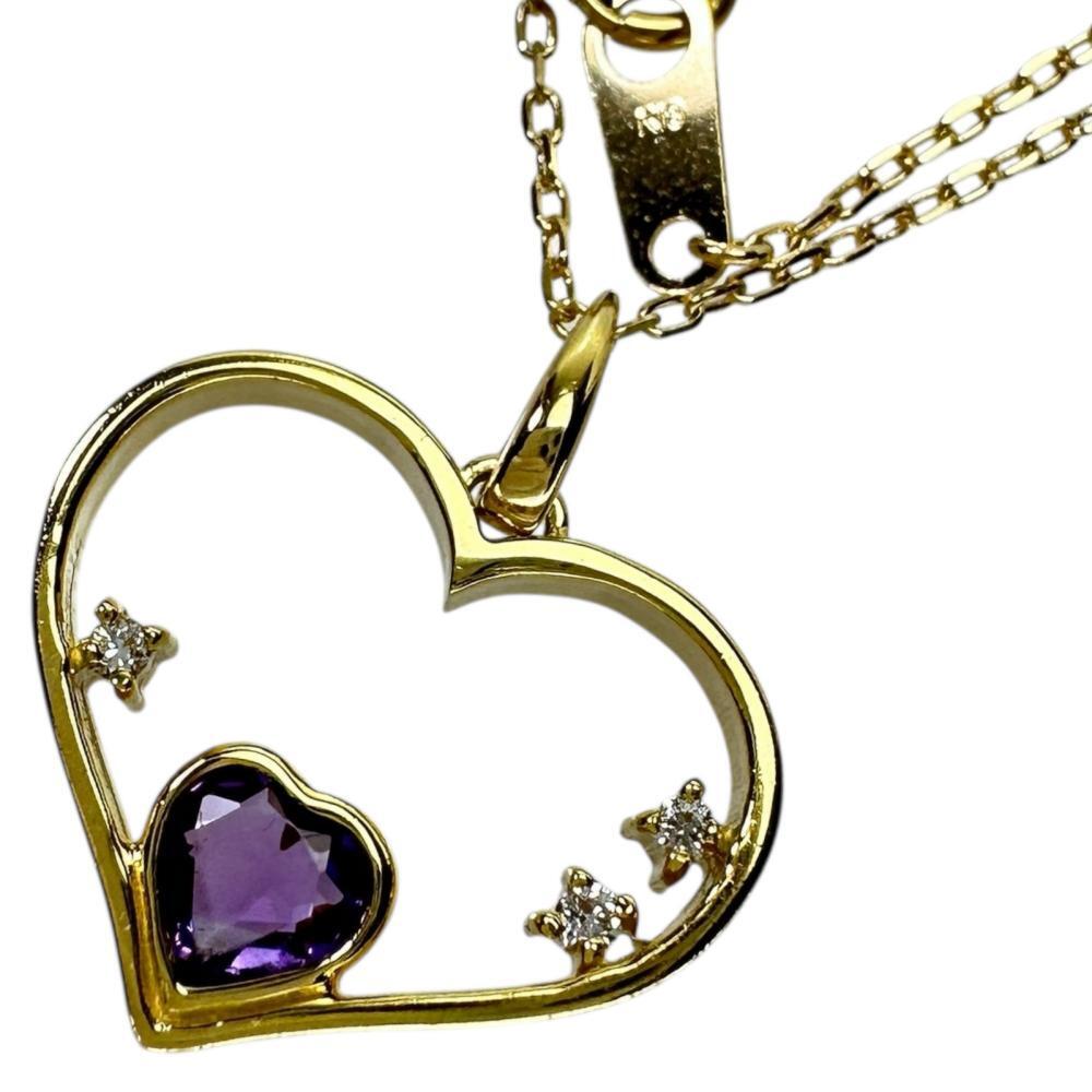 ハートモチーフ ハート アメジスト 0.27ct ダイヤモンド 0.05ct ネックレス K18ゴールド 4.7g 41cm レディース拍卖