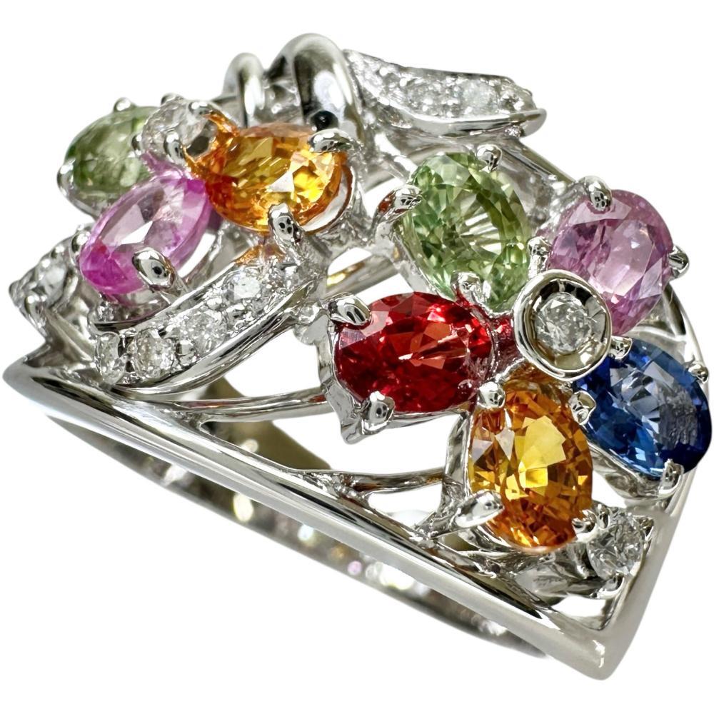 14.5号 フラワーモチーフ マルチサファイア 2.08ct ダイヤモンド 0.17ct リング・指輪 K18WGホワイトゴールド 8.1g レディース拍卖