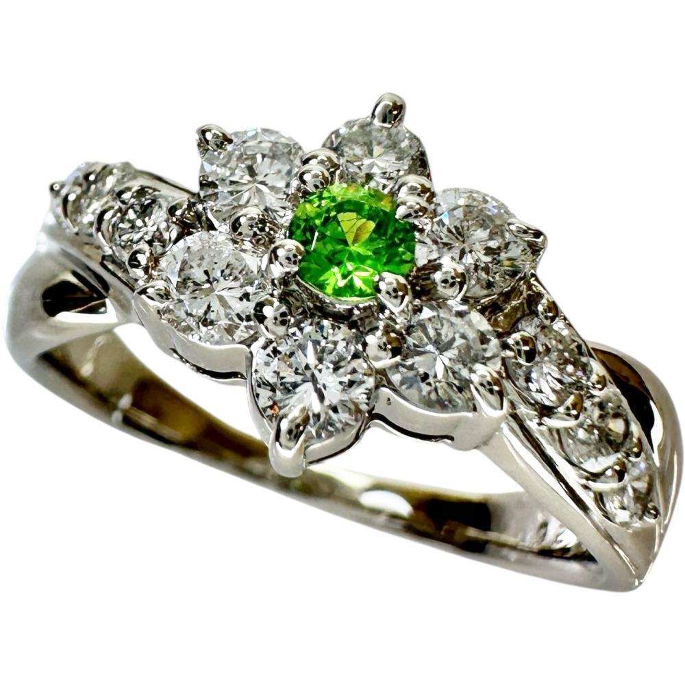 16号 フラワーモチーフ デマントイドガーネット 0.126ct ダイヤモンド 0.88ct リング・指輪 Pt900プラチナ 8.3g レディース拍卖