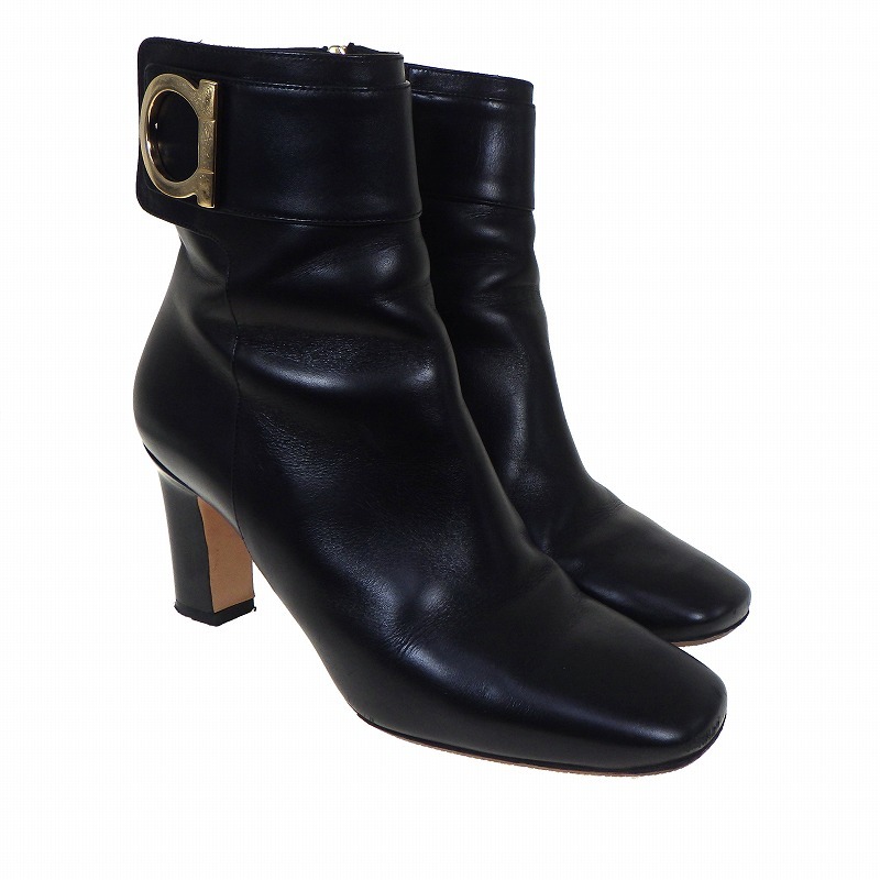 ☆Salvatore Ferragamo サルヴァトーレ・フェラガモ ガンチーニ ショート ジップ ブーツ ブラック×ゴールド金具 #6 23.5cm 黒 靴拍卖