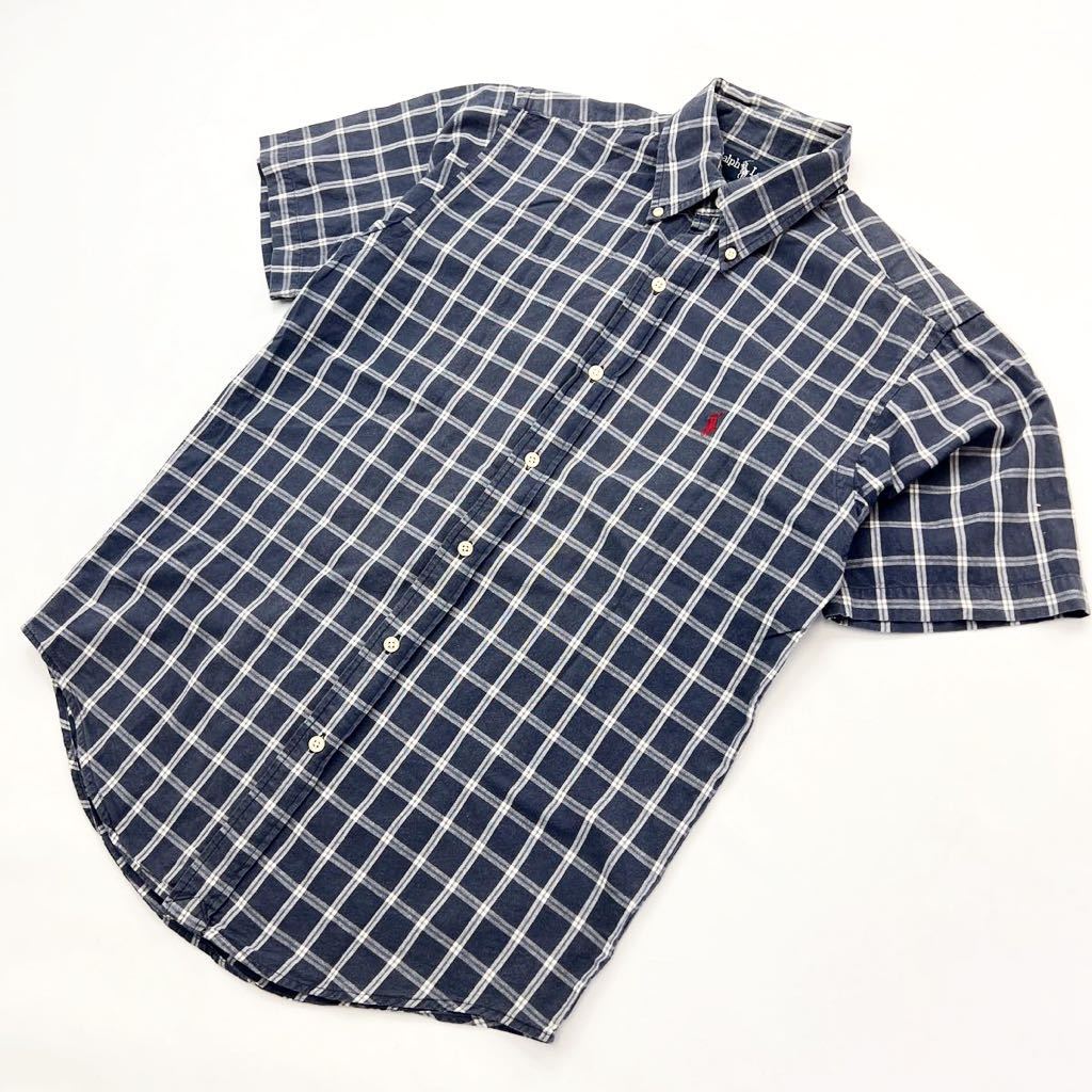 90s RALPH LAUREN ☆ BLAIRE 風合い◎ ネイビー 半袖 ボタンダウン チェック シャツ S アメカジ ストリート 古着MIX ラルフローレン■M184拍卖