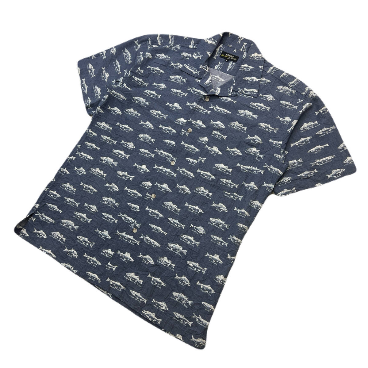LORDY 半袖シャツ 希少 フィッシュ 魚 総柄 Lサイズ メンズ グレー系 コットン ポリ混 釣り好きに ●I376拍卖