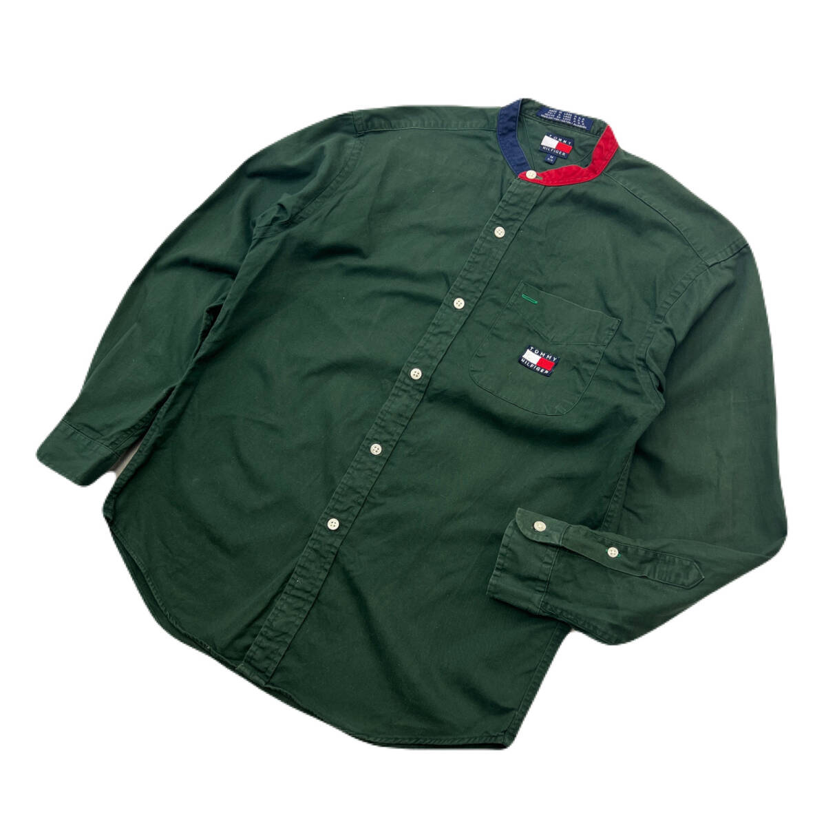 トミーヒルフィガー 長袖 シャツ メンズ Mサイズ 細身 ノーカラー きれいめシルエット グリーン 緑 ●I375拍卖