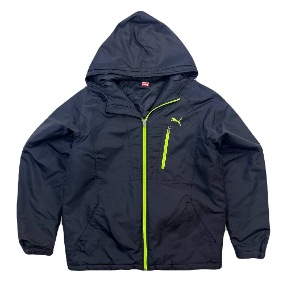 PUMA プーマ 中綿 ナイロンジャケット ブラック 黒 パーカー Oサイズ 差し色グリーン ●AJ315拍卖