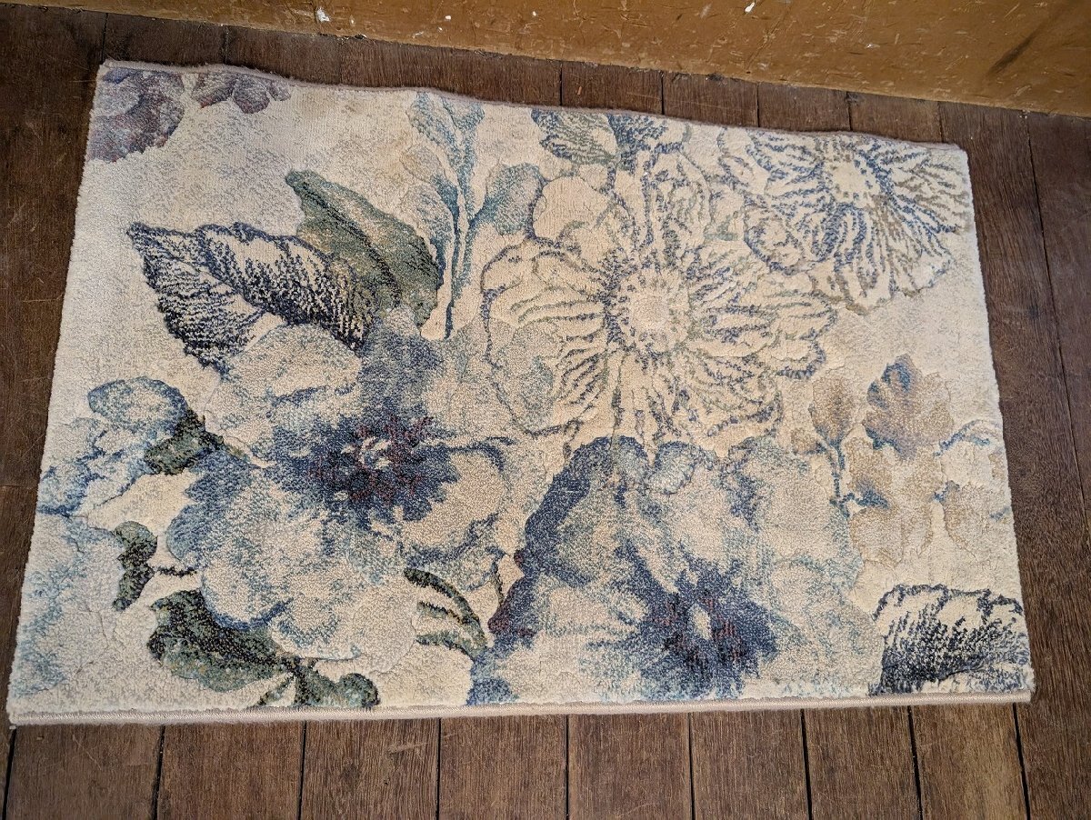 未使用展示品 ベルギー製 カーペット ラグマット 絨毯 ウィルトン織り 玄関マット 60×90 ブルー 花柄/アンティーク ビンテージ ヴィンテー拍卖