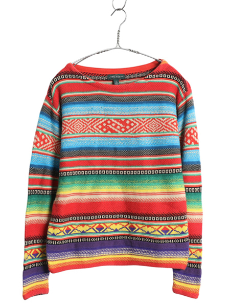 00s ローレンジーンズ ラルフローレン ネイティブ ボーダー ニット セーター レディース S オールド ポロ ボートネック カットソー 薄手拍卖