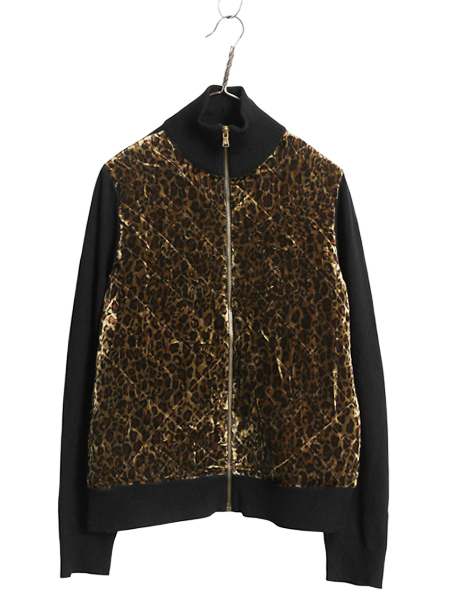 ローレン ラルフローレン フルジップ ヒョウ柄 切替 ニット セーター ジャケット レディース L 程 ウール レーヨン シルク ベロア ブラック拍卖