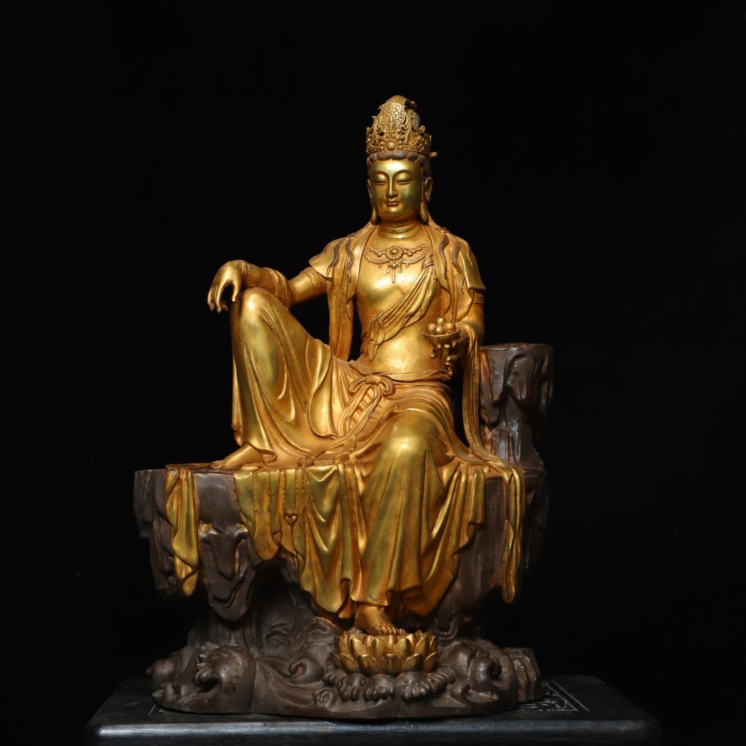 ◆珍蔵◆中国古美術 明時代 古銅製 塗金 自在観音 仏造像 細密細工造 置物 擺件 古賞物 骨董 時代物 A13拍卖