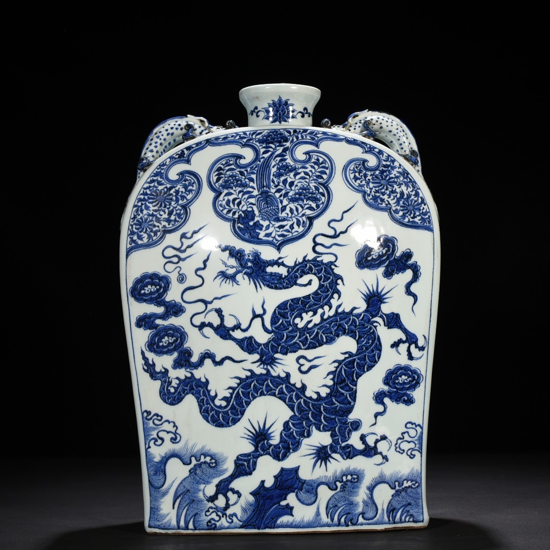 ◆珍蔵◆中国古美術 元時代 元青花 纏枝蓮 雲龍紋四系扁瓶 美品 細密細工造 置物 擺件 古賞物 骨董 時代物 A33拍卖