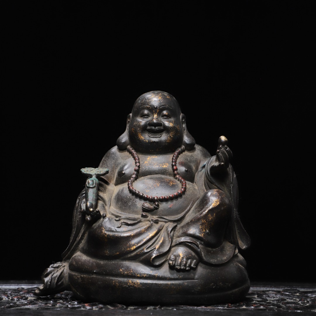 ◆旧家蔵出◆中国古美術 大清乾隆年製款 古銅製 拓金 弥勒笑仏 仏造像 細密細工造 置物 擺件 古賞物 骨董 時代物 A01拍卖