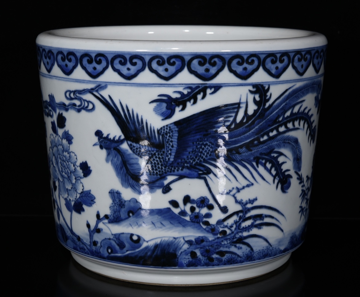 ◆珍蔵◆中国古美術 大清康熙年製 青花 古陶磁 牡丹花卉 双鳳紋筆筒 細密細工造 置物 擺件 骨董品 古賞物 時代物 T06拍卖