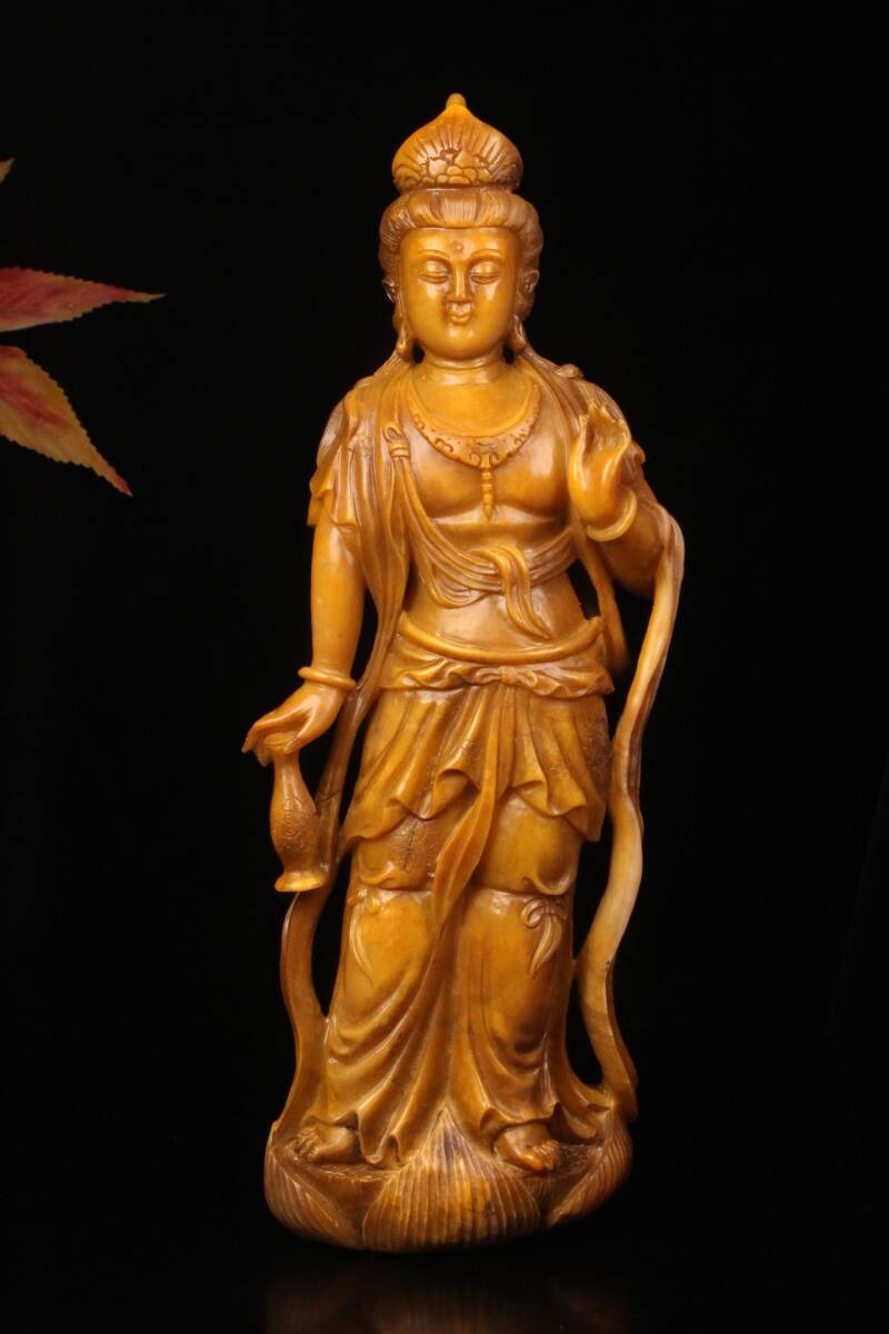 ◆珍蔵◆中国古美術 清代 古寿山石 田黄石彫り観音立仏 細密細工造 置物 擺件 古賞物 骨董 時代物 A68拍卖