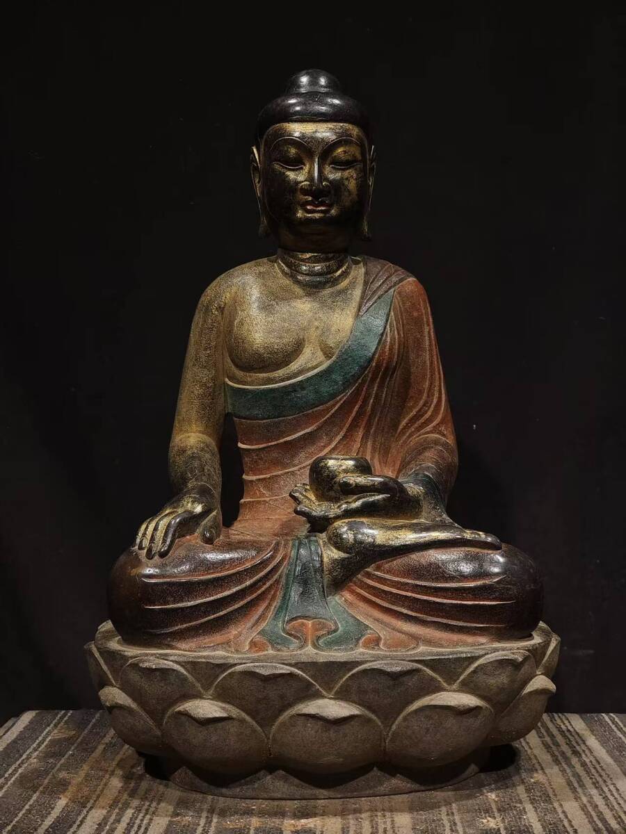 ◆珍蔵◆中国古美術 北魏時代 青石 彩絵青石 蓮花仏尊 仏教 密宗 石仏 仏造像 細密細工造 置物 擺件 古賞物 時代物 AT17拍卖