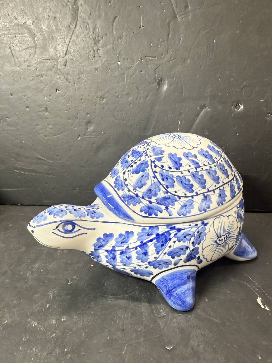 ★コレクター必見 ビンテージ タイ製 陶器製 カメ 小物入れ ブルー×ホワイト インテリア 飾り コレクション GT181拍卖
