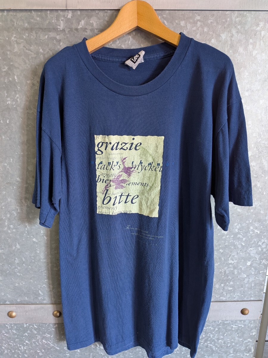 90s USA製Tシャツ Lサイズ 多言語プリント ビンテージ ブルー LEE 洗濯済み拍卖