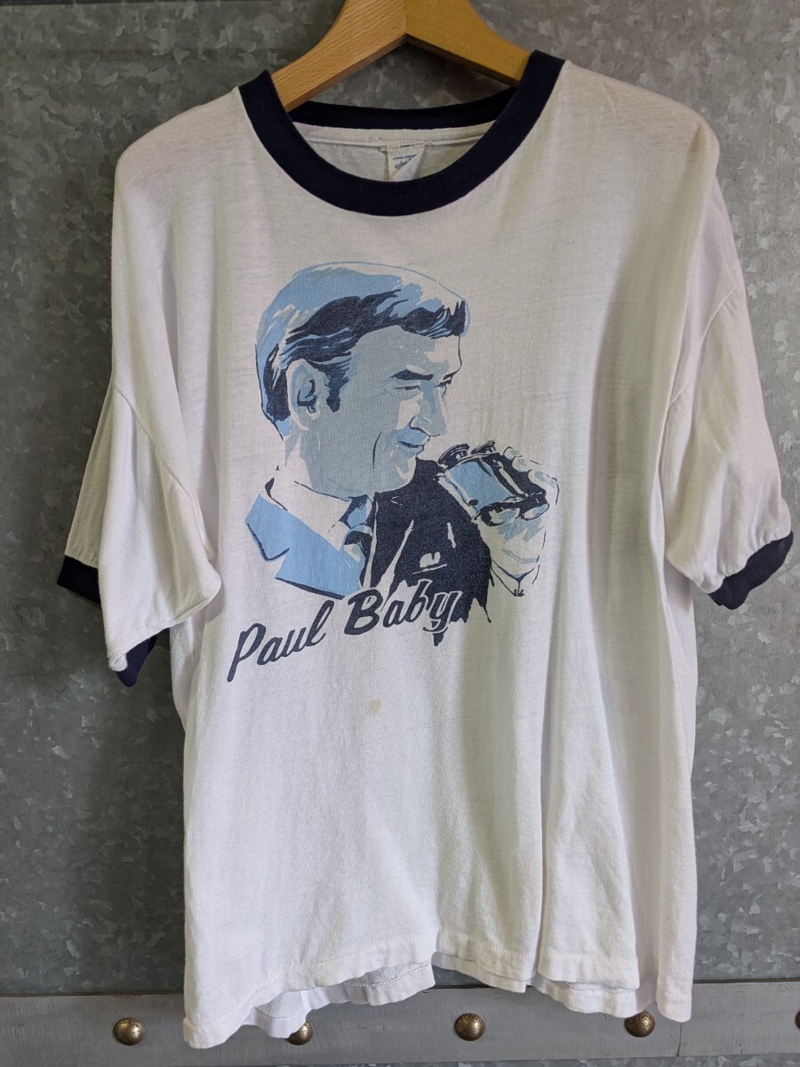 リンガーTシャツ XL Paul Baby プリント ビンテージ風 ホワイト ネイビー拍卖
