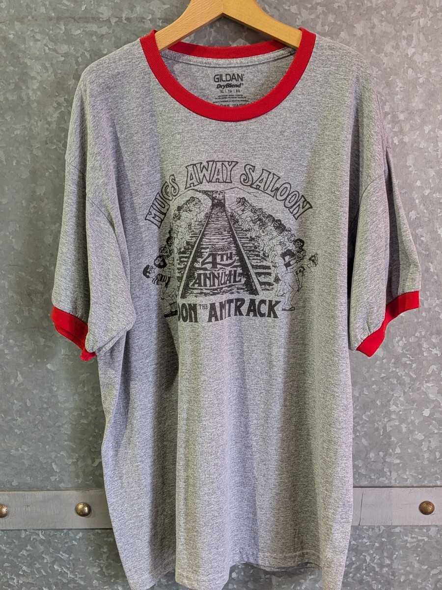 GILDAN リンガーTシャツ XL MOON THE AMTRAK プリント グレー×レッド 古着拍卖