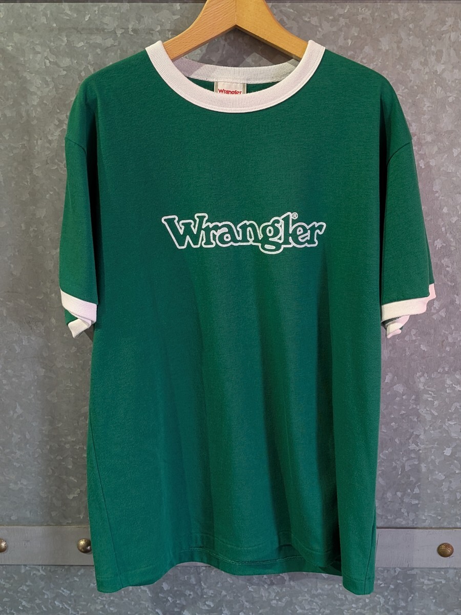 Wrangler リンガーTシャツ Lサイズ グリーン×ホワイト ロゴプリント 半袖 古着 洗濯済み拍卖