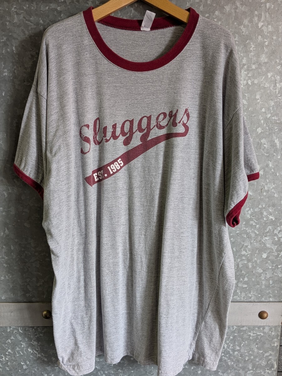 古着 Sluggers ベースボール風 リンガーTシャツ グレー×バーガンディ XL相当 アメカジ スポーツ 90s風 洗濯済み拍卖