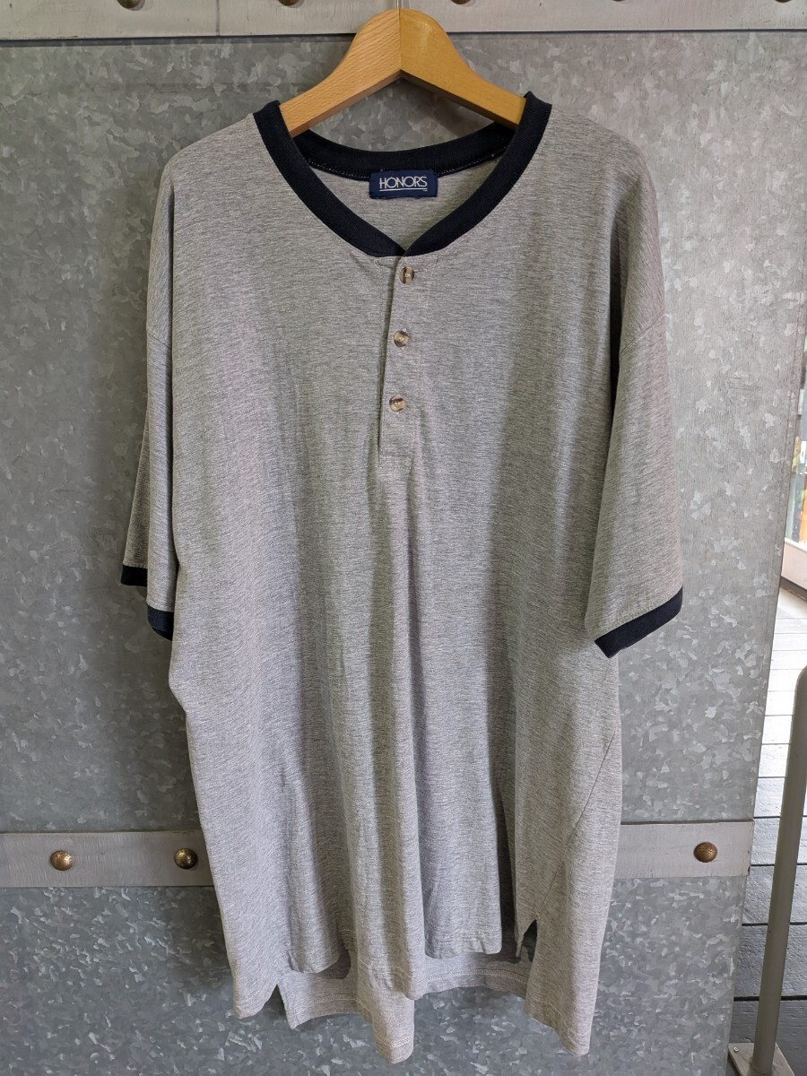 HONORS ヘンリーネック Tシャツ グレー × ネイビー リンガー 半袖 メンズ XL相当 古着拍卖