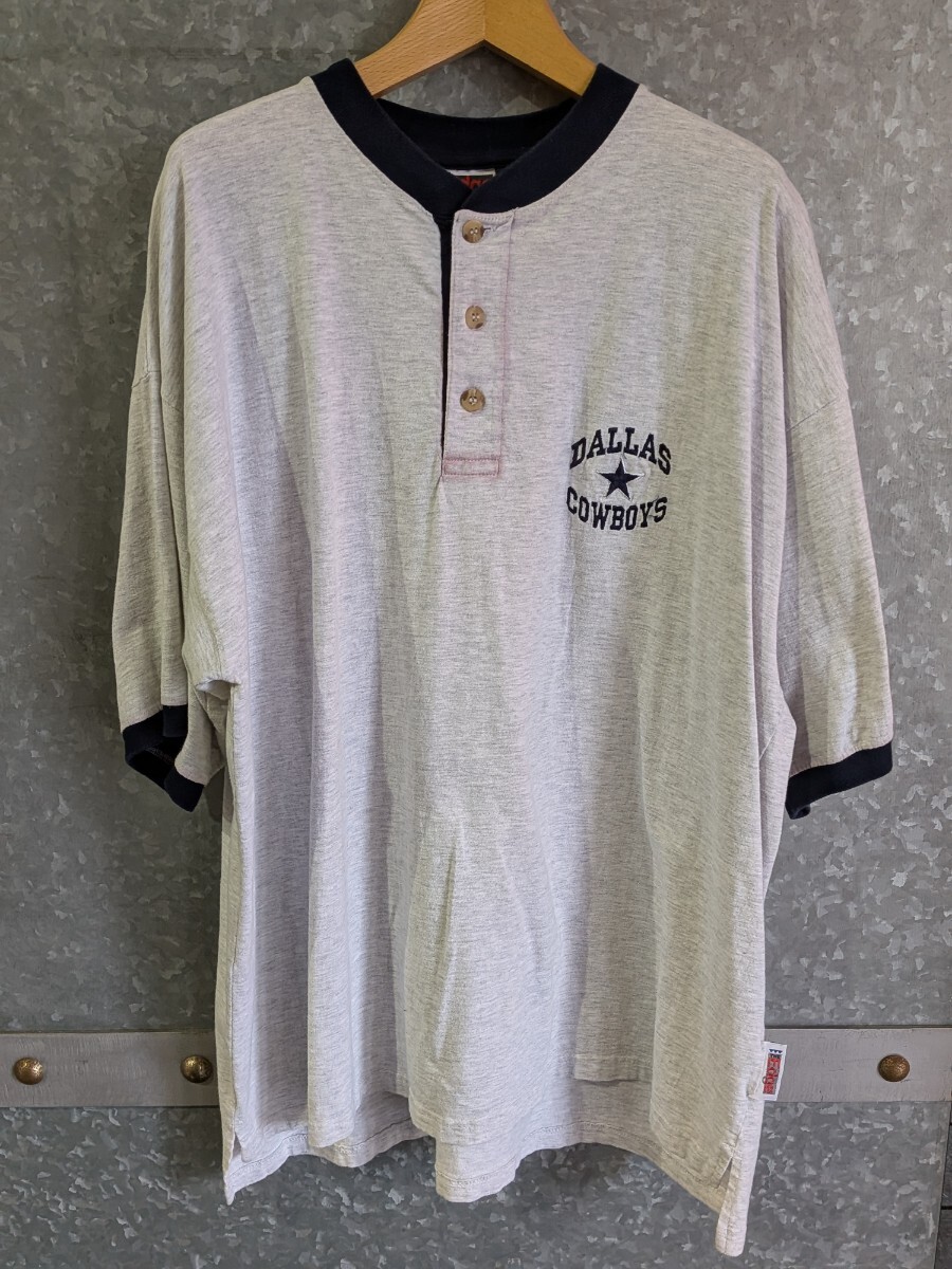 NFL DALLAS COWBOYS ヘンリーネック Tシャツ グレー × ネイビー リンガー 半袖 メンズ XL 90s The Edge 古着 洗濯済み拍卖