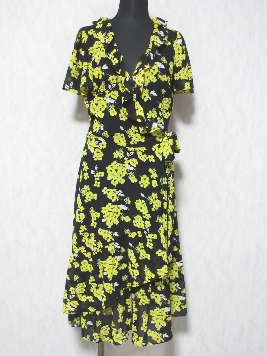 MICHAEL KORS マイケルコース 花柄 シルク カシュクール 巻きワンピース レディース 4 ブラック イエロー yg7404拍卖