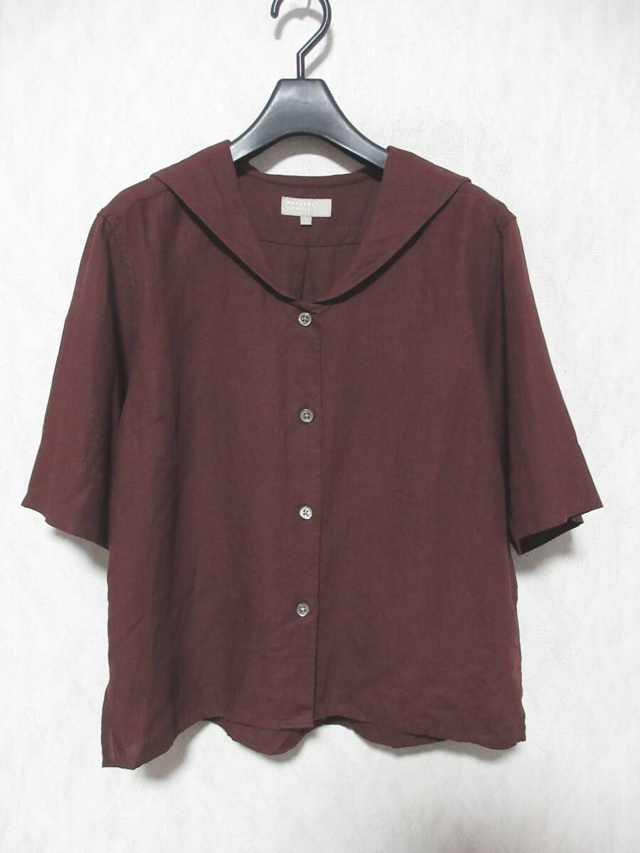 MARGARET HOWELL マーガレットハウエル リネン100% ショールカラーリネンシャツ 578-9152033 レディース 1 ブラウン yg7451拍卖