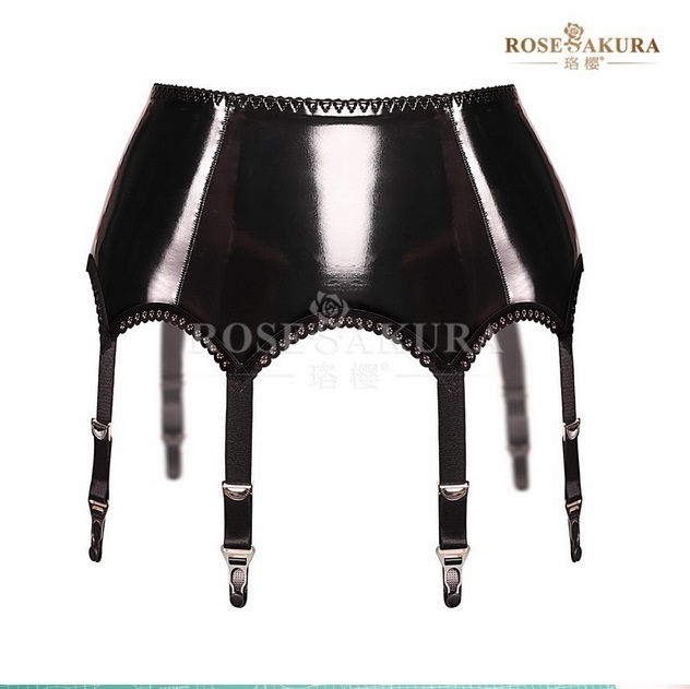 送料無料 ROSESAKURA・8382 BLACK PUエナメル光沢クラシック/レトロデザイン6バックル・ガーターベルト拍卖