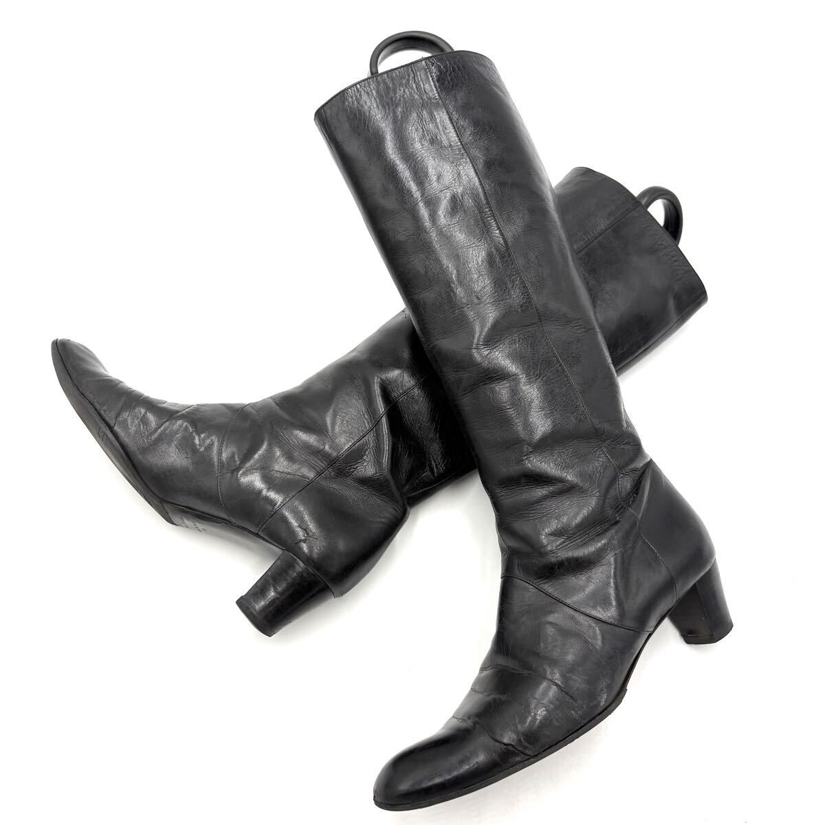 T ■ イタリア製 '高級感溢れる' BRUNOMAGLI ブルーノマリ 本革 レザー ロングブーツ EU38 24cm レディース 婦人靴 シューズ ブラック系拍卖
