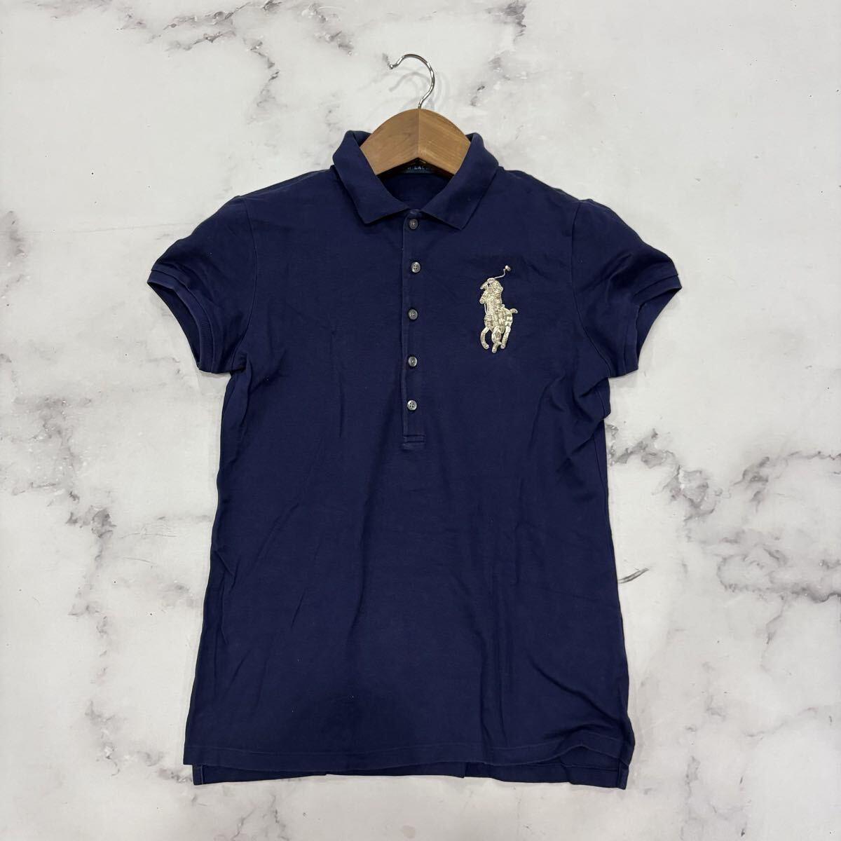 Y ■ 古着 '人気 ビッグポニー刺繍' Ralph Lauren ラルフローレン 半袖 ストレッチ素材 ポロシャツ M レディース 婦人服 トップス NAVY系拍卖
