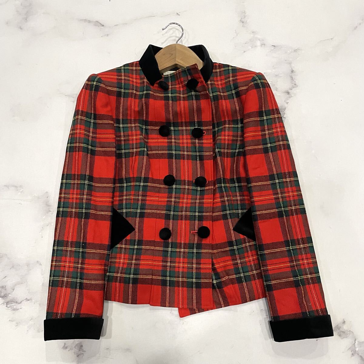 AD ○ 良品/ 上質ウール100%使用 '高級感溢れる' JUN ASHIDA ジュンアシダ チェック柄 ダブル ジャケット 9 レディース アウター レッド系拍卖