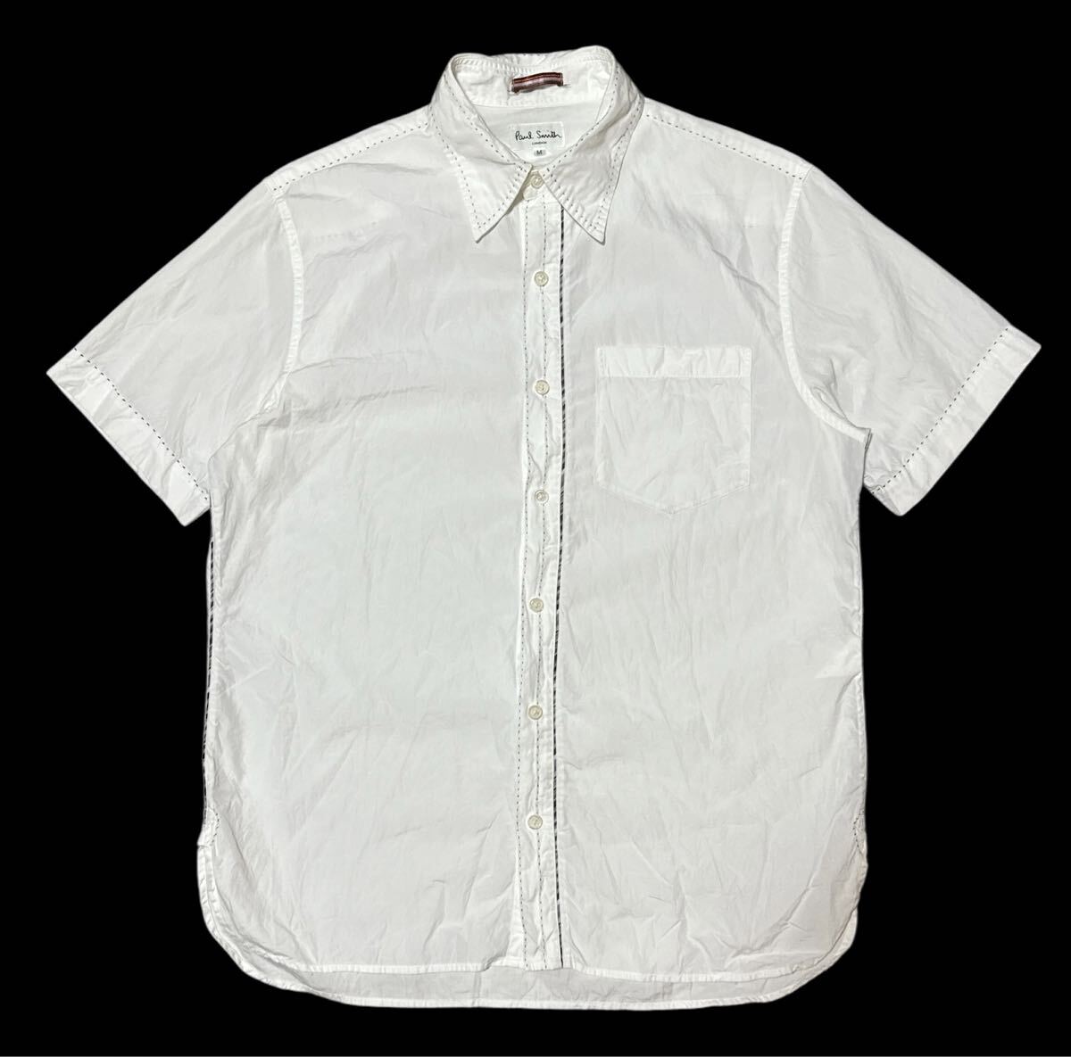 送料無料 ○ Paul Smith JEANS ポールスミスジーンズ ○ ロゴプリント 飾りステッチ 半袖 ボタンシャツ ホワイト M拍卖