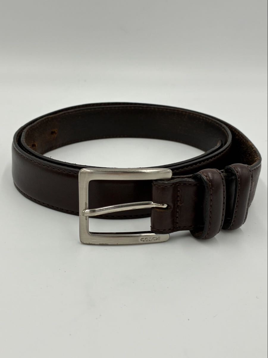 1円スタート COACH ダークブラウンレザーベルト シルバーバックル AA0906-47拍卖