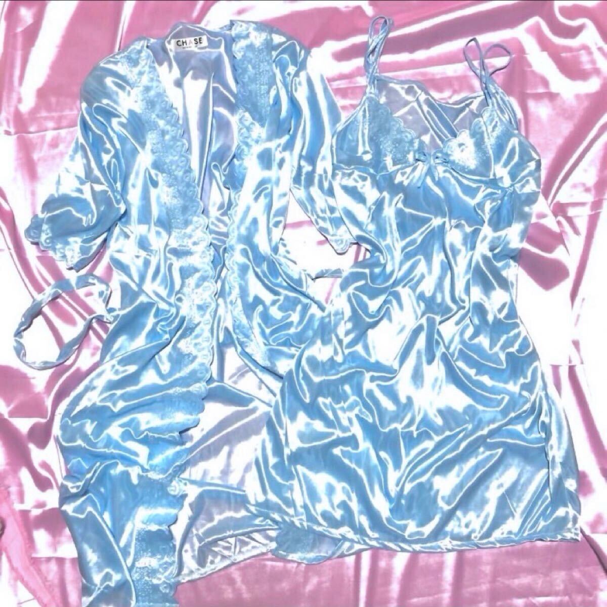 サテン つるつる サテン キャミソールワンピース ガウン ツルツル とろみ パジャマ ルームウェア レディース ブルー 女装拍卖