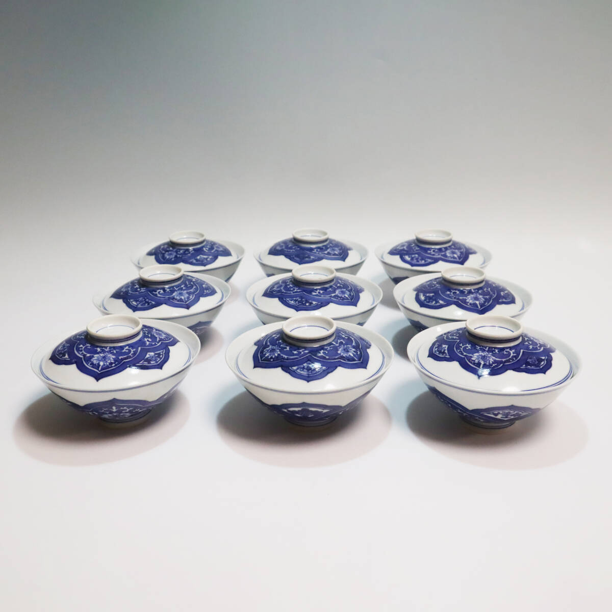 高木岩華 染付花紋蓋茶碗 9客 共箱 うつわ/食器 UT061拍卖