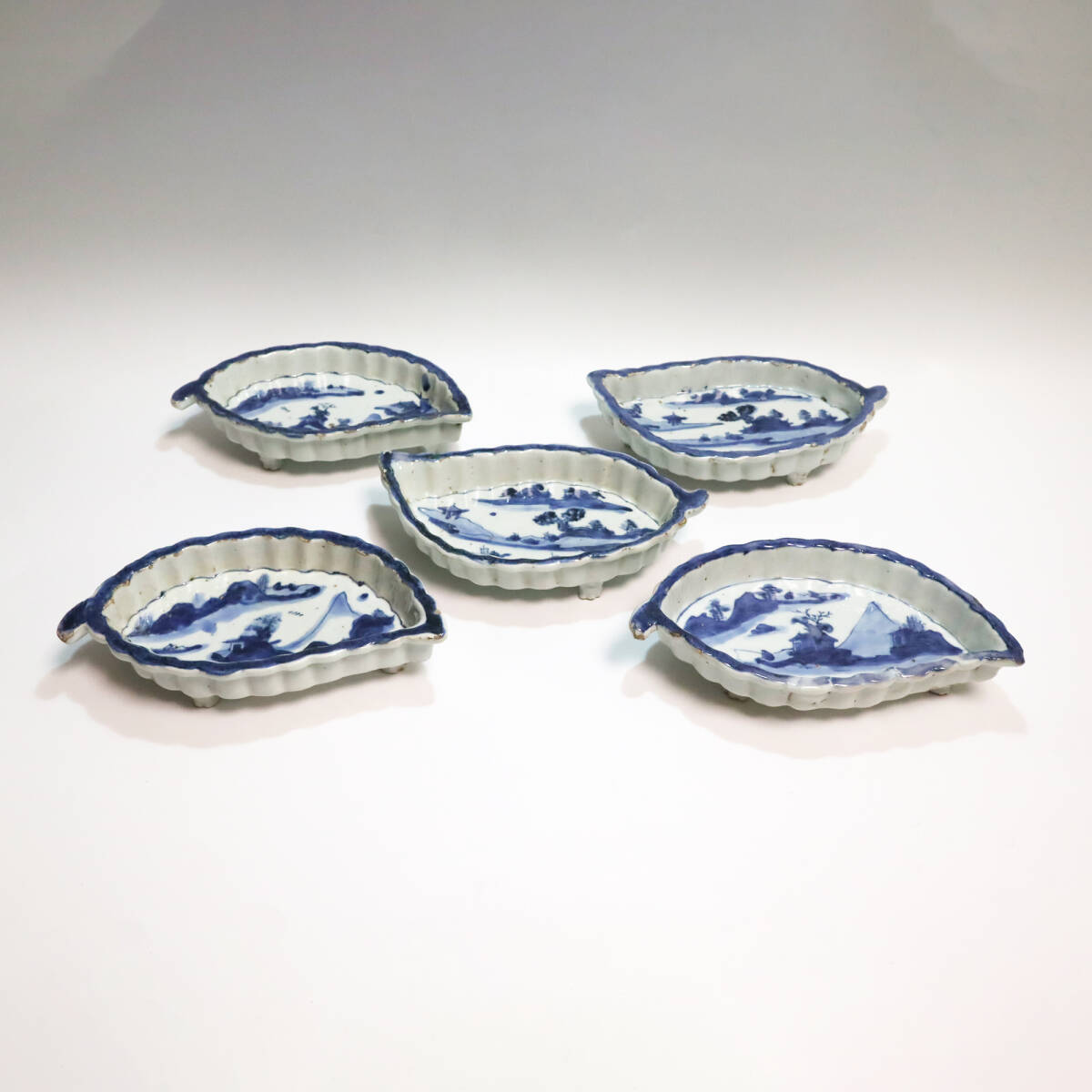 古染付山水紋葉形向付 5客 段箱有 うつわ/食器 UT062拍卖