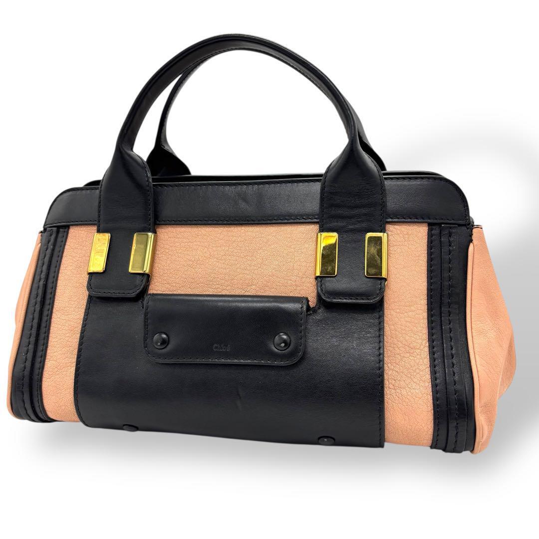 美品 Chloe クロエ ハンドバッグ レザー サーモンピンク 黒 ブラック 146拍卖