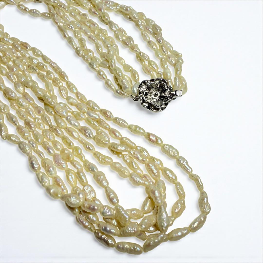 【極美品】本真珠 パール 5連 ネックレス ライス バロック 留め具 シルバー 刻印 冠婚葬祭 真珠大きさ 約5.4mm~約8.0mm ケース 2980拍卖