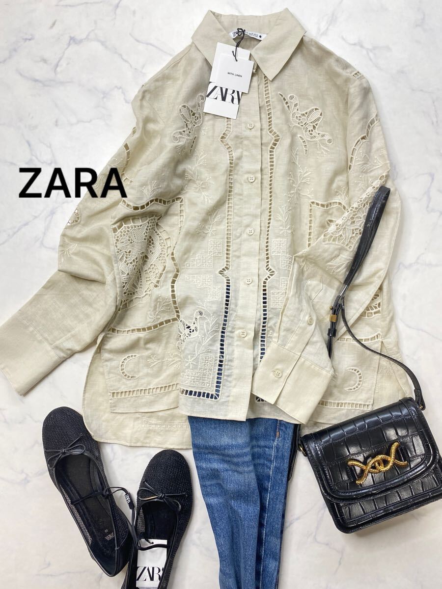 ZARA ザラ★タグ付き未使用★大人素敵★高見え カットワーク エンブロイダリー刺繍シャツ ブラウス★エクリュXSサイズ 928拍卖