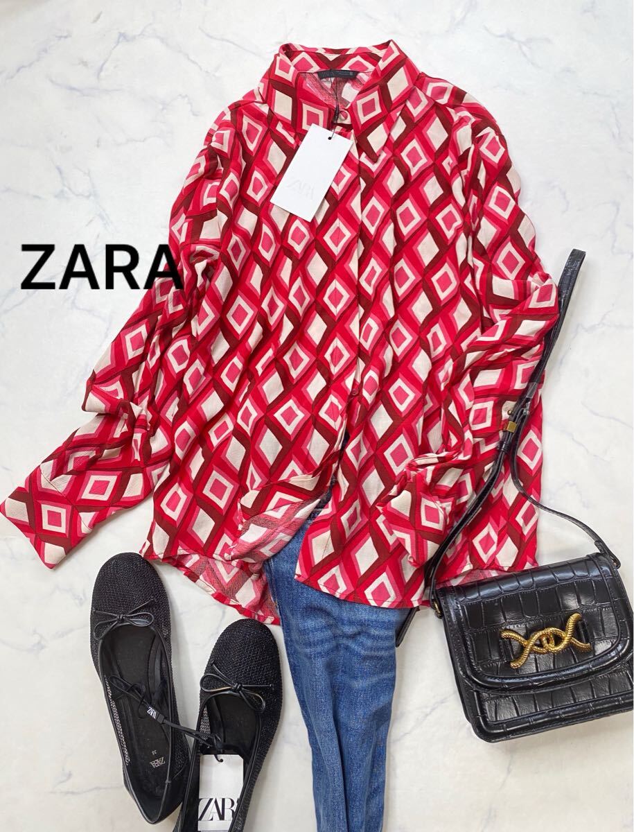 ZARA ザラ★タグ付き未使用★大人素敵★ジオメトリックプリント シャツ ブラウス 幾何学 モダン★ピンク×赤系 XSサイズ 926拍卖