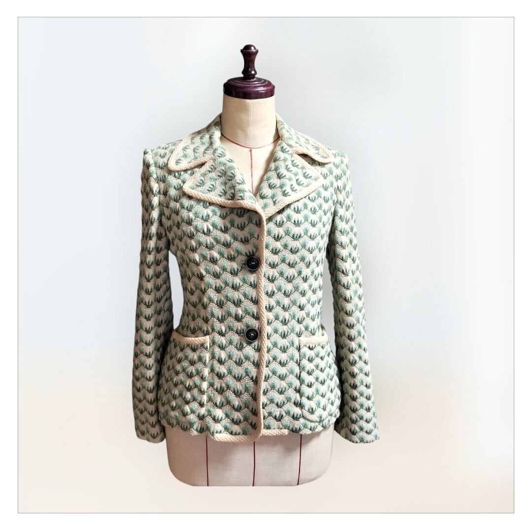 ミッソーニ MISSONI テーラードニットジャケット 緑とベージュのパターン Lサイズ拍卖