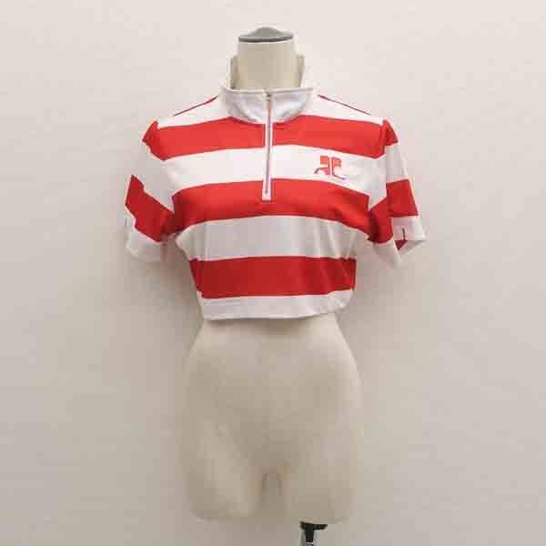 ★ クレージュ クロップドハーフジップシャツ ボーダー柄 レッド×ホワイト 42 AGF22114W(0220532965)拍卖