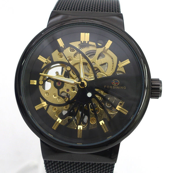 ★ Forsining 腕時計 自動巻 スケルトン スレンレスバンド ブラック×ゴールド 162G (0220525267)拍卖