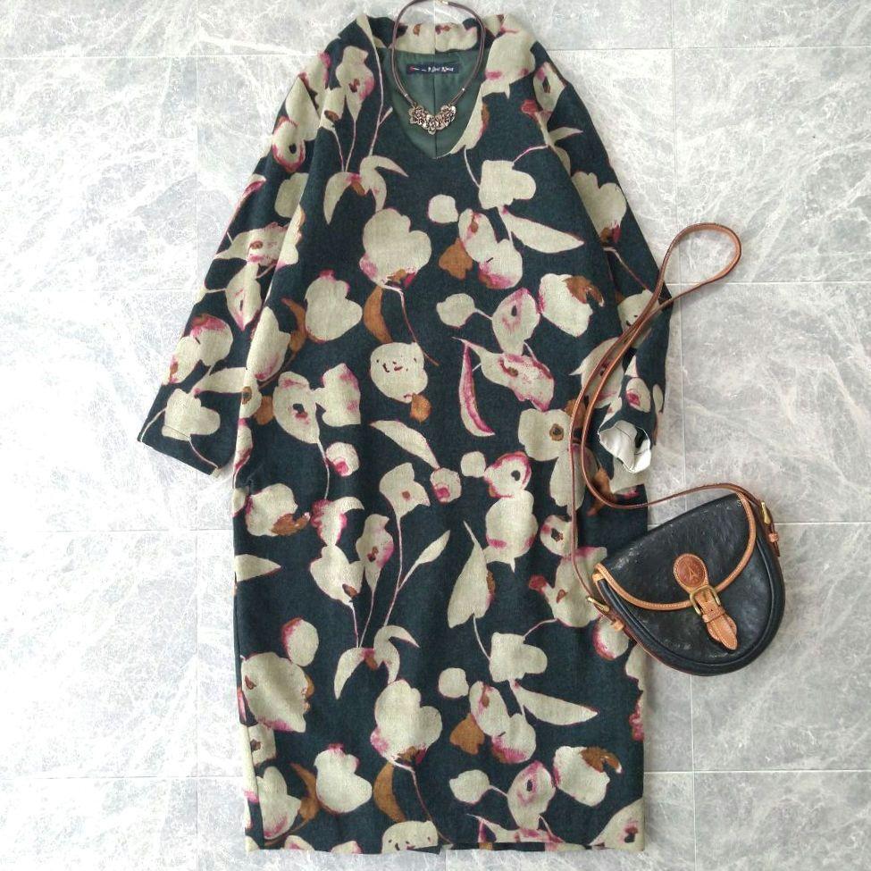 419 パラスパレス pal’las palace 花柄 フラワー ウール ワンピース グリーン 七分袖 レディース ナチュラル系 コクーンシルエット拍卖