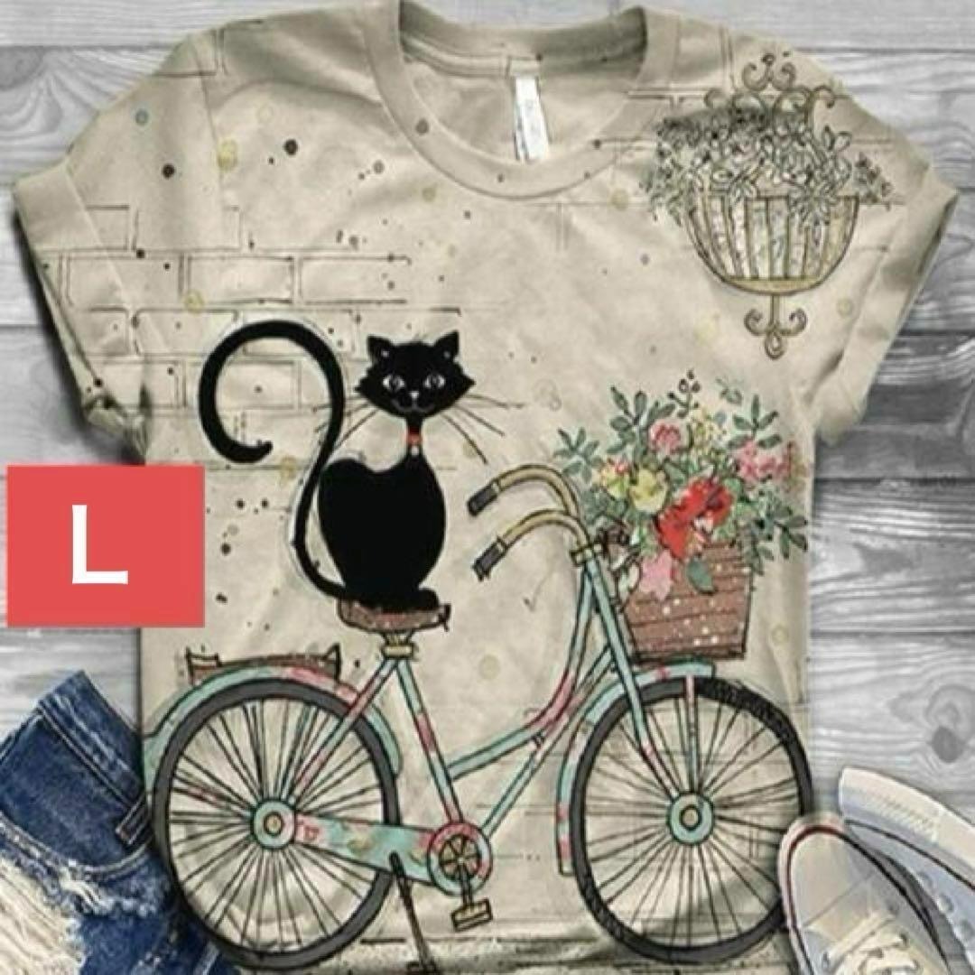 自転車ネコTシャツ(Lサイズ)春夏秋半袖かわいい猫T063拍卖