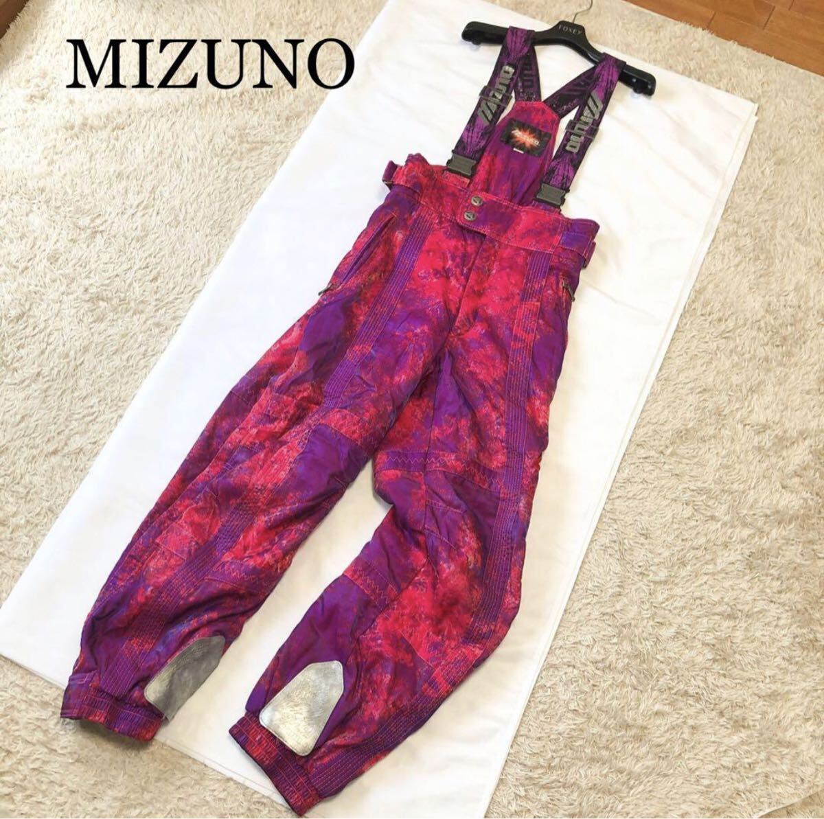 1,000スタ★ミズノ スキーウェア スノボ オーバーオール ピンク 総柄 サイズM相当拍卖